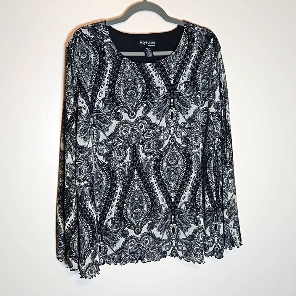 Style & Co Black White Paisley Blouse Scoop Neck Long Sleeve 3X